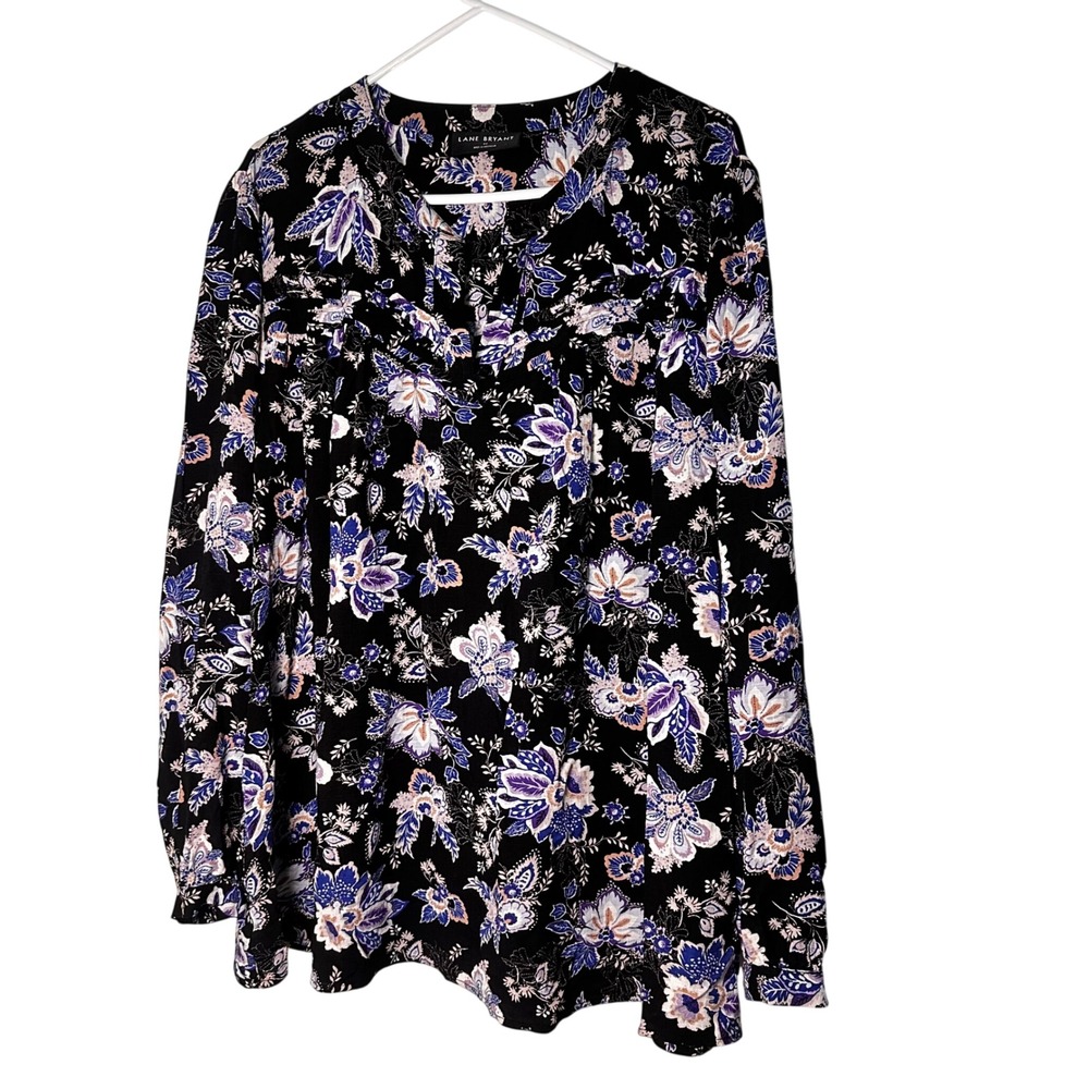 Lane Bryant Floral Paisley Blouse Black Purple Blue Rayon‎ Button Top Size 22